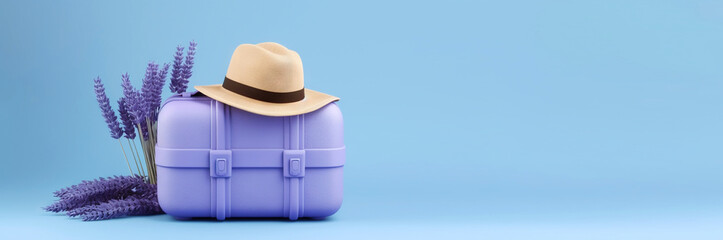 Lavender travel suitcase with hat and lavender flowers, on uniform background. Trip concept. Generative AI