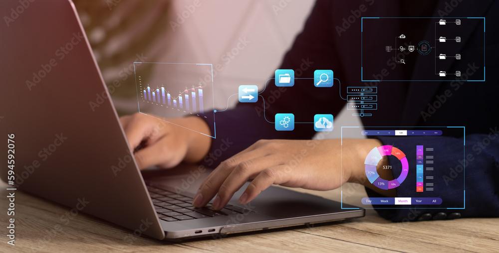 Poster business and technology. businessman using computer laptop to manage data with digital icons.