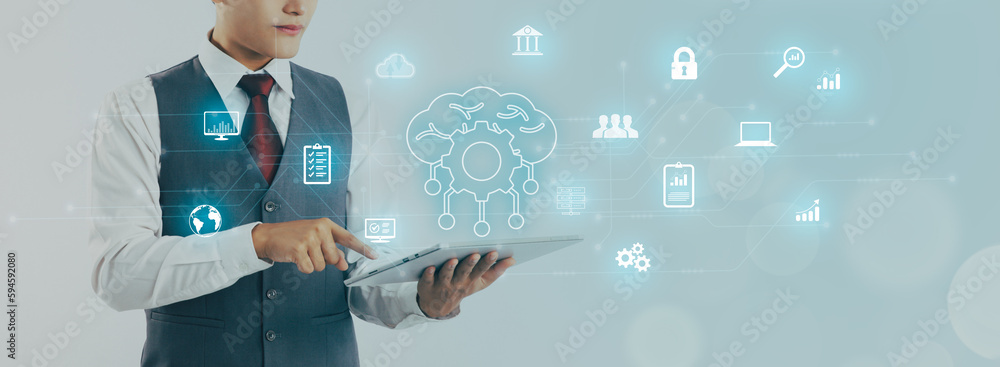 Aufkleber digital transformation technology strategy, iot, internet of things. businessman using digital table