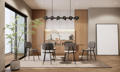 Dining room interior design and decoration with wooden kitchen counter, wood dining table and grey color chairs. 3d rendering