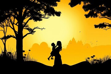 Silhouette of a Mother and Children Iluustration for Happy Mothers Day. Generative AI