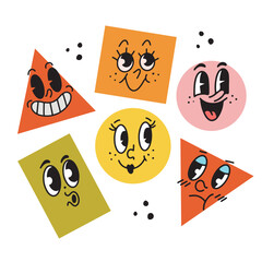 Hand drawn funny shapes and objects with old fashioned vintage smiling faces, isolated vector illustration