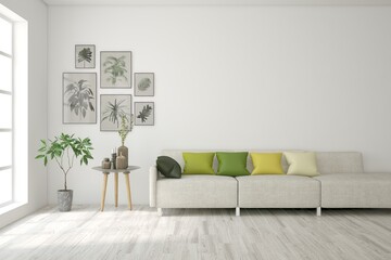 White living room with sofa. Scandinavian interior design. 3D illustration