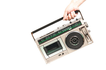 Fototapeta premium Retro ghetto radio boom box cassette recorder from 80s. in hand.