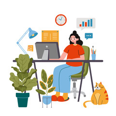 Business woman working on computer at the desk, cute cozy home workplace, cartoon style. Online career, self employed concept.  Trendy modern vector illustration, flat