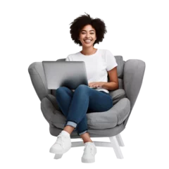 Foto op Plexiglas Volle maan Full length of young woman siting on cozy armchair with using laptop computer pc,  full body person isolated on white and transparent background, ai generate