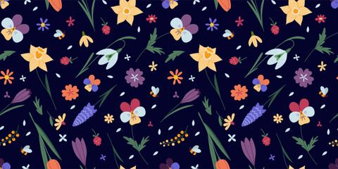 Seamless pattern with various spring flowers, floral design on dark background, cartoon style. Trendy modern vector illustration, hand drawn, flat