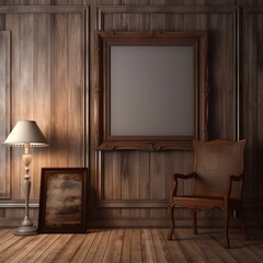3d render of an old wooden room interior with chair and picture frame, etsy style. generative AI