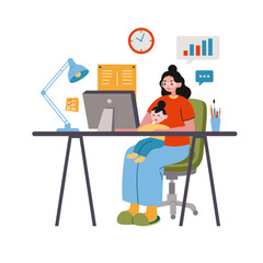 Fototapeta na wymiar Woman freelancer with child, cartoon style. Business Mom holding her infant baby, sitting at desk and working on computer at home. Maternity and career. Trendy modern vector illustration, flat