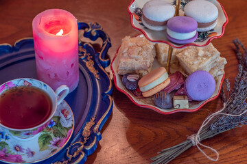 Candies and sweets on a plate. Concept of food, details. Sugar and anti diet