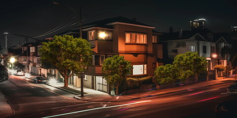 Fototapeta premium night city street lanter blurred light houses and trees on road traffic light,generated ai