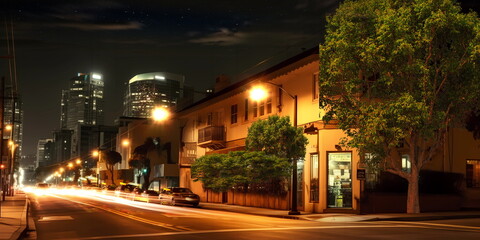 Obraz premium night city street lanter blurred light houses and trees on road traffic light,generated ai