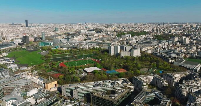 Aerial view a modern sports football stadium in Paris prepared for the Summer Olympic Games in the French capital in 2024. Sports facility in Paris