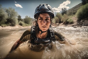 A Woman In A Helmet Is In The Water On A Raft River Advertising Photography Adventure Travel Generative AI