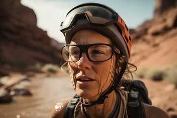 A Woman Wearing A Helmet And Glasses Standing In A Desert Area Desert Advertising Photography Adventure Travel Generative AI