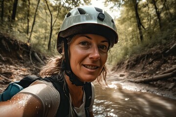 A Woman Wearing A Helmet And A Backpack Is Smiling In A River Bike Path Travel Photography Adventure Travel Generative AI