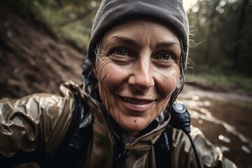 A Woman In A Rain Jacket And A Hat Smiles At The Camera River Advertising Photography Retirement Planning Generative AI