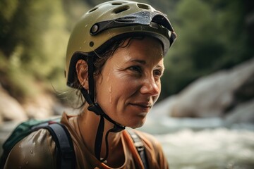 A Woman Wearing A Helmet Standing In A River With A Waterfall In The Background Mountain River In Summer Portrait Photography Outdoor Gear Generative AI