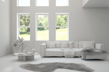 Grey living room concept with sofa and summer landscape in window. Scandinavian interior design. 3D illustration