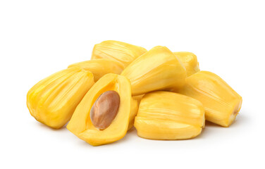 Ripe Jackfruit bulbs isolated on white background. Clipping path.