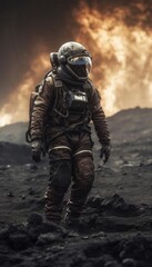 An astronaut walks on the scorched earth of a lifeless planet. Created in AI.