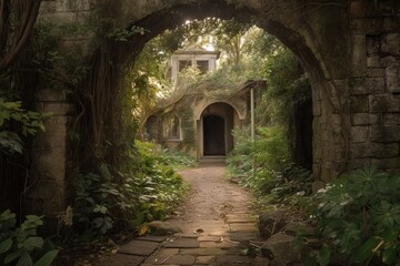 A Stone Pathway Leads To A Building With A Clock Tower In The Background Abandoned Building Travel Photography Environment Generative AI