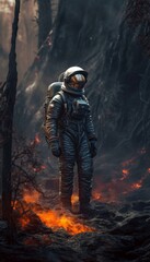 Fototapeta na wymiar An astronaut walks on the scorched earth of a lifeless planet. Created in AI.