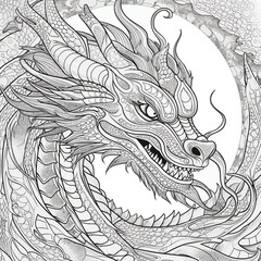 Chinese Dragon black and white drawing design 2d illustration. Traditional mystical creature vector coloring page