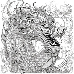 Chinese Dragon black and white drawing design 2d illustration. Traditional mystical creature vector coloring page