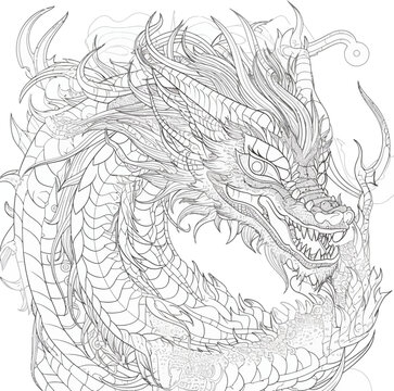 Chinese Dragon black and white drawing design 2d illustration. Traditional mystical creature vector coloring page