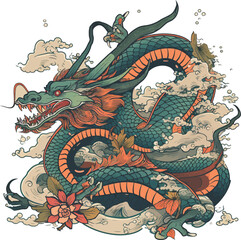 Chinese Dragon tattoo design 2d illustration. Traditional mystical creature vector