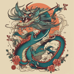 Chinese Dragon tattoo design 2d illustration. Traditional mystical creature vector