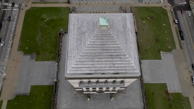 Veterans' Memorial Plaza in downtown Indianapolis with drone video pulling back and reveal.