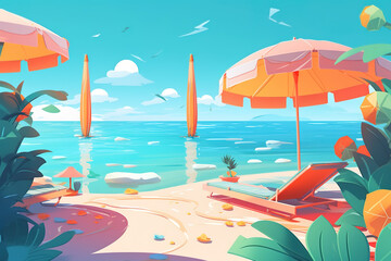 Fototapeta na wymiar Illustration of a tropical island with umbrellas. Generate by ai