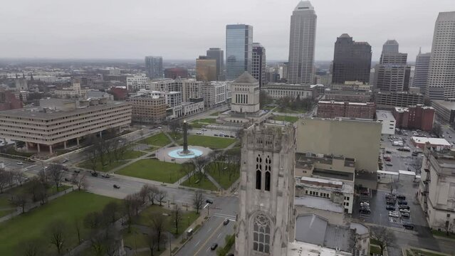 Veterans' Memorial Plaza in downtown Indianapolis with drone video wide shot moving in at an angle.