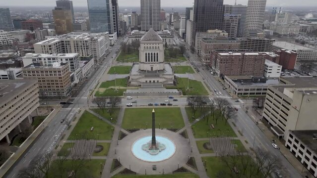 Veterans' Memorial Plaza in downtown Indianapolis with drone video wide shot moving in and tilting down.
