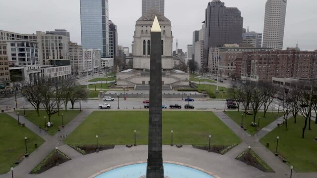 Veterans' Memorial Plaza in downtown Indianapolis with drone video moving up.