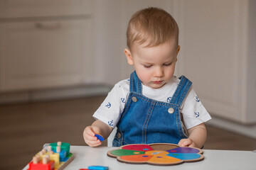 A little boy is playing educational logic games. Children's wooden toys. Sorter. Montessori for...