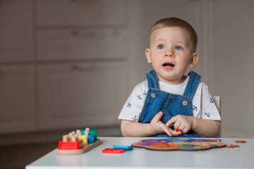 A little boy is playing educational logic games. Children's wooden toys. Sorter. Montessori for child development.