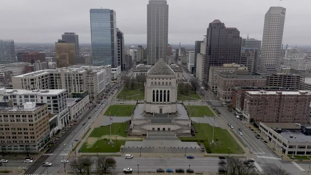 Veterans' Memorial Plaza in downtown Indianapolis with drone video moving in and tilting down.