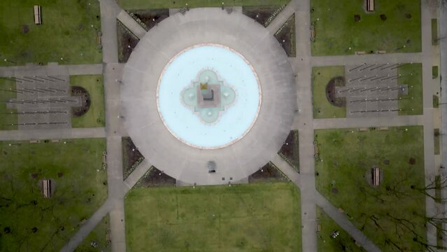 Veterans' Memorial Plaza in downtown Indianapolis with drone video above moving forward.