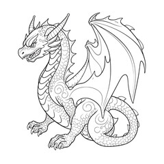 Chinese Dragon black and white drawing design 2d illustration. Traditional mystical creature vector coloring page