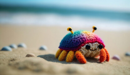 A multi-colored crab on a sandy sea beach, a knitted toy made of expensive textiles. Character for children's stories and fairy tales. Created with AI.