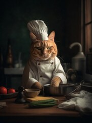 Gorgeous red fat cat in the image of a chef. Prepares dinner in a homely atmosphere. Created with AI.