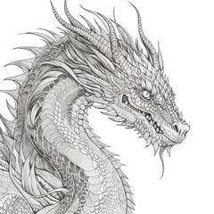 Chinese Dragon black and white drawing design 2d illustration. Traditional mystical creature vector coloring page