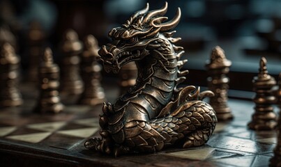 Fototapeta na wymiar Chinese dragon figurine on the chess board. Generative Ai illustration