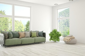 Bright interior design with modern furniture and summer landscape in window. 3D illustration