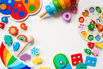 Fototapeta na wymiar Children's wooden toy. Sorter on a white isolated background.. Educational logic toys for children. Montessori Games for child development.