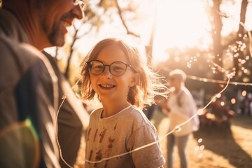 A Little Girl With Glasses Smiles As A Man Watches Her And A Man Holds A String Urban Park At Golden Hour With Fall Foliage Advertising Photography Retirement Planning Generative AI