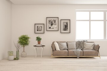 White modern interior design with sofa. Scandinavian interior design. 3D illustration